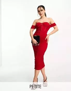 Красное платье длиной до икры со сборками Jaded Rose, корсетом на талии и прозрачной вставкой