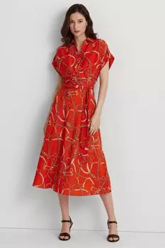 Красное платье из крепа с поясом и принтом Lauren Ralph Lauren, красный