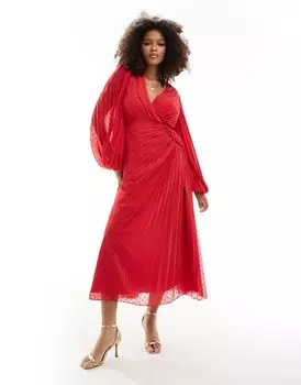 Красное платье макси из плиссированного шифона с запахом и пуговицами ASOS DESIGN