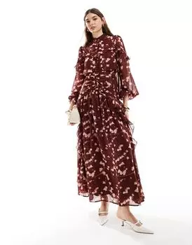 Красное платье макси с цветочным принтом ASOS DESIGN, присборенным лифом, пуговицами и рюшами