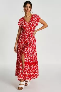 Красное платье макси с цветочным узором и отделкой крючком QUIZ Clothing