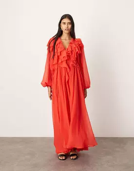 Красное платье макси с оборками и кулиской на талии ASOS EDITION