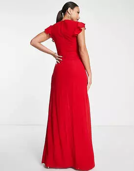 Красное платье макси с оборками и развевающимися рукавами TFNC Tall Bridesmaid