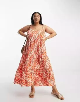 Красное платье макси с открытой спиной, глубоким подолом и цветочным принтом ASOS DESIGN Curve