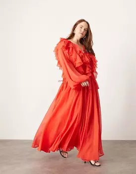 Красное платье макси с рюшами и кулиской на талии ASOS EDITION Curve Curve