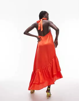 Красное платье макси с воротником-бретелькой и асимметричной оборкой по краю Topshop