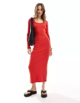 Красное платье макси в рубчик с овальным вырезом и длинными рукавами ASOS DESIGN