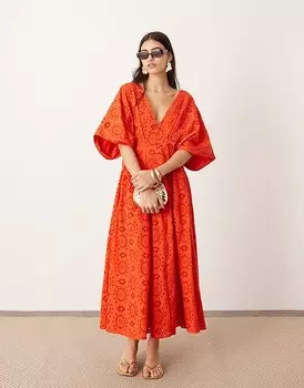 Красное платье миди ASOS EDITION – с вышивкой люверсов, широкими рукавами и глубоким вырезом