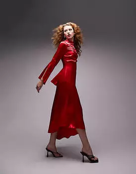 Красное платье миди для торжественного случая с рифлеными рукавами Topshop
