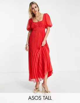 Красное платье миди добби со складками и отделкой фестонами ASOS DESIGN Tall