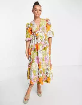 Красное платье миди с цветочным принтом и пуговицами спереди ASOS EDITION