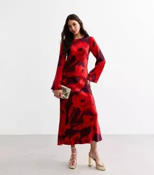 Красное платье-миди с длинными рукавами и абстрактным принтом New Look, красный