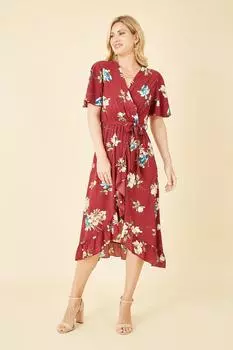 Красное платье миди с глубоким подолом и запахом с цветочным принтом Mela, красный