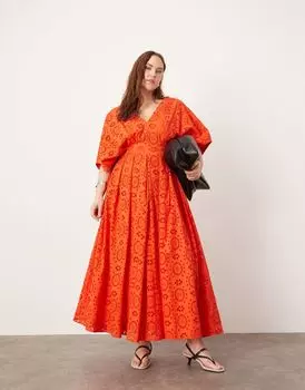 Красное платье миди с глубоким вырезом и широкими рукавами ASOS EDITION Curve