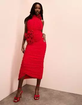 Красное платье миди с корсажем и бретельками на шее ASOS LUXE