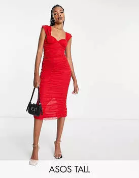 Красное платье миди с корсетом и жемчугом ASOS DESIGN Tall