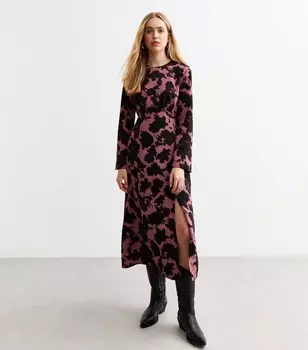 Красное платье-миди с рифлеными рукавами и цветочным принтом New Look, красный