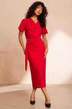 Красное платье миди с воротником-хомутиком и пряжкой QUIZ Clothing