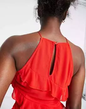 Красное платье миди с высоким воротником и оборками Style Cheat