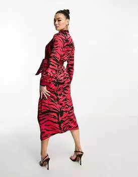 Красное платье миди с запахом AX Paris с животным принтом