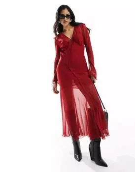 Красное платье миди в горошек с V-образным вырезом Mango