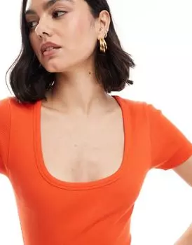 Красное платье миди в рубчик с овальным вырезом и рукавами ASOS DESIGN
