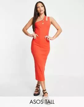Красное платье миди в рубчик с вырезом на одном плече ASOS DESIGN Tall