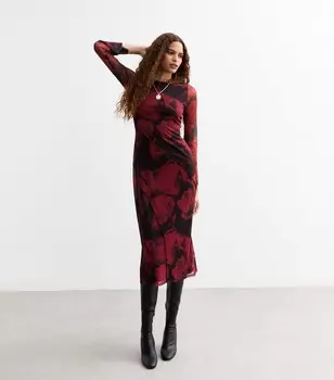 Красное платье-миди в сеточку с размытым цветочным принтом и длинными рукавами New Look, красный