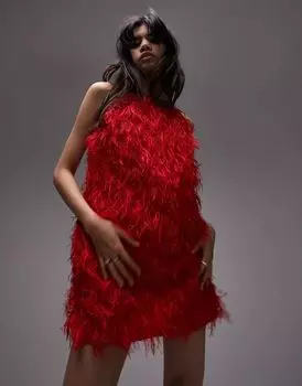 Красное платье мини из искусственных перьев Topshop