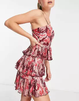 Красное платье мини с корсетом и оборками ASOS DESIGN, украшенное пайетками и цветочным принтом
