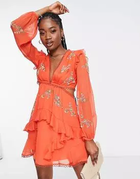 Красное платье мини с круглым вырезом и цветочным декором ASOS DESIGN