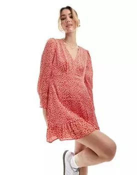 Красное платье мини с v-образным вырезом и цветочным принтом Mango