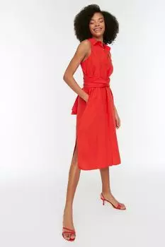 Красное платье-рубашка с поясом TWOSS22EL1456 Trendyol, красный