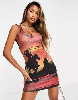 Красное платье-жилет с живописным принтом в стиле родео Reclaimed Vintage