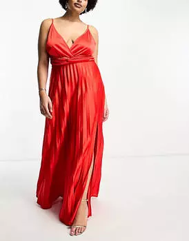 Красное плиссированное платье макси с глубоким вырезом и талией ASOS DESIGN Curve
