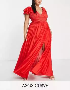 Красное плиссированное платье макси с оборками на рукавах ASOS DESIGN Curve