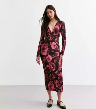 Красное плиссированное платье-миди с длинными рукавами и цветочным принтом New Look, красный