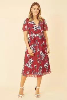 Красное плиссированное платье с цветочным принтом и золотой пряжкой Mela, красный