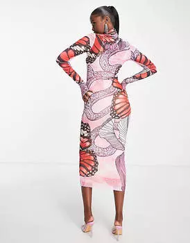 Красное сетчатое платье миди с длинными рукавами AFRM