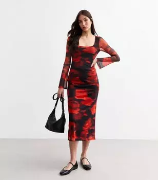 Красное сетчатое платье миди с квадратным вырезом и цветочным принтом New Look, красный
