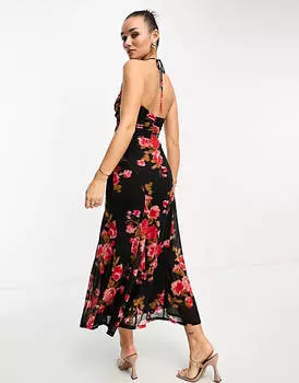 Красное сетчатое платье миди с вырезом халтер и годетами ASOS DESIGN