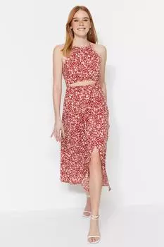 Красное тканое платье миди прямого кроя с детальным вырезом и узором на шее Trendyol, красный