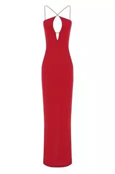 Красное вечернее платье с перекрестной завязкой, глубоким вырезом на груди и разрезом сзади Whenever Company, красный