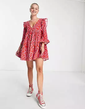 Красное вельветовое платье мини с рюшами на плечах и абстрактным принтом ASOS DESIGN