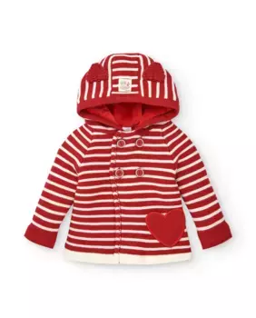 Красное вязаное пальто для девочки с полосками и сердечками Tuc tuc