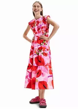 Красное женское платье миди с круглым вырезом и узором 23SWVW25 Desigual