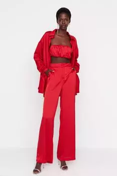 Красные атласные брюки с высокой талией Trendyol, красный