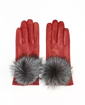 Красные кожаные перчатки с помпоном из лисьего меха Maximilian