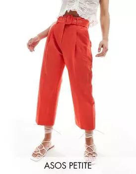 Красные льняные брюки строгого кроя с поясом ASOS DESIGN Petite