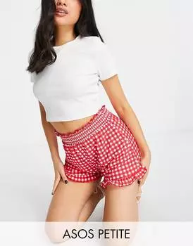 Красные шорты в мелкую клетку с рюшами по краю ASOS DESIGN Petite